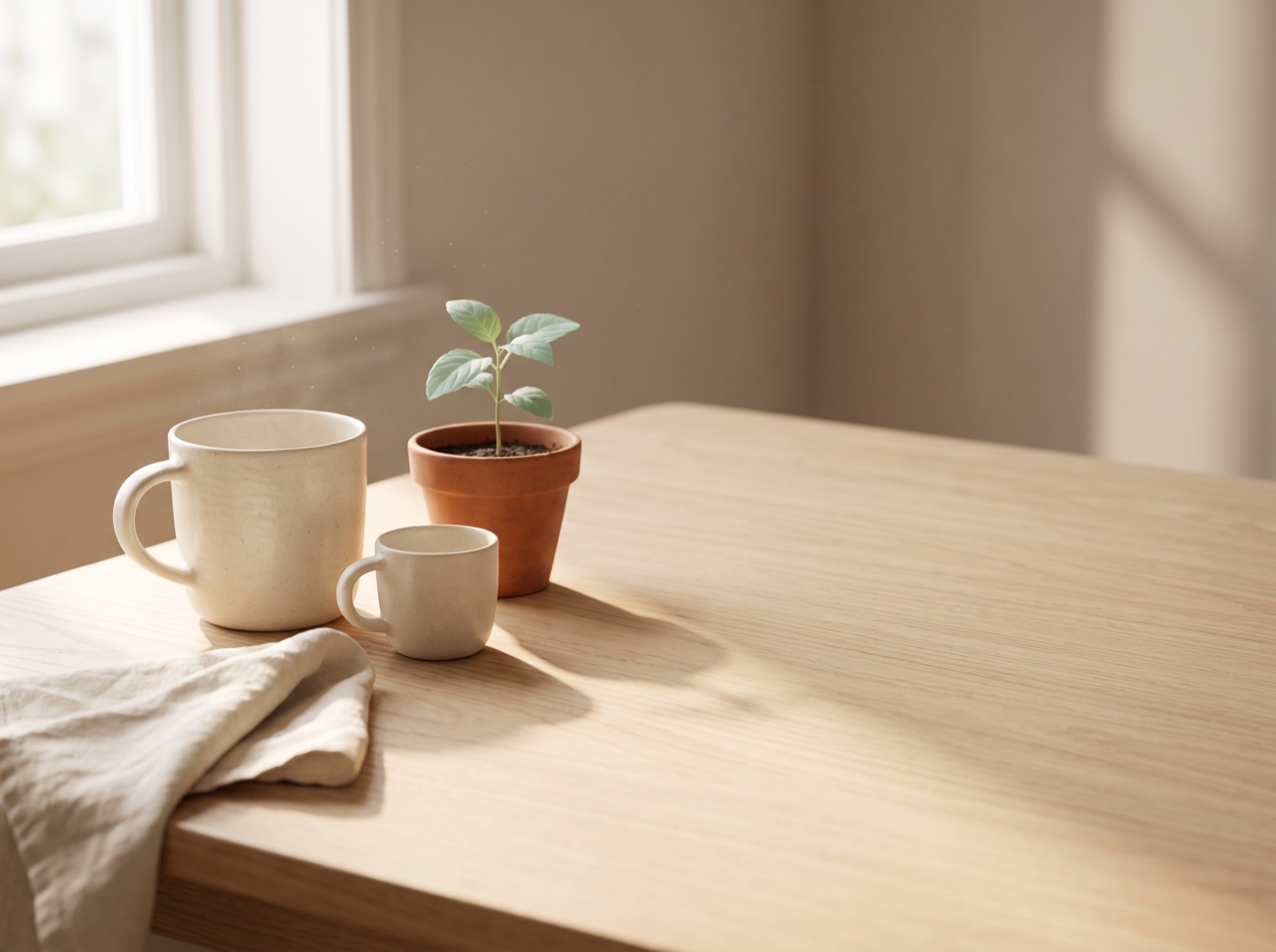 A large mug and a small child-sized cup side by side on a sunlit oak table, beside a young seedling in a terracotta pot.