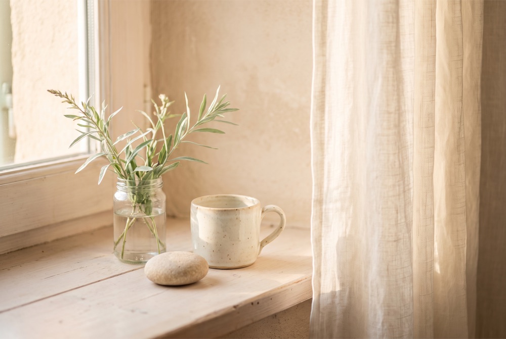A sunlit home windowsill with a jar of green stems, a ceramic cup and a smooth pebble.